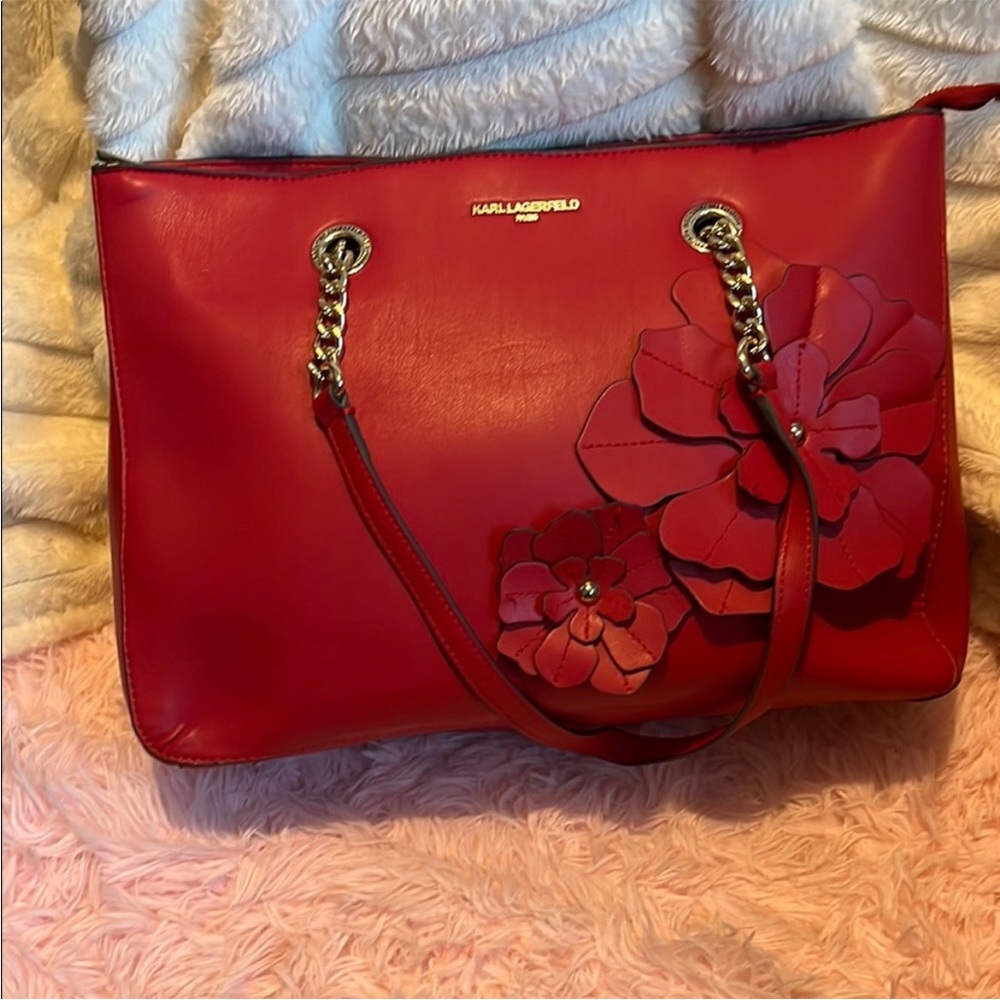 Karl Lagerfeld Cherry Red Tote with Floral Embellishments